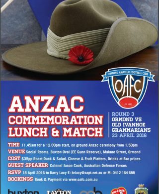 ANZAC Tribute Match and Lunch 23 April 2016